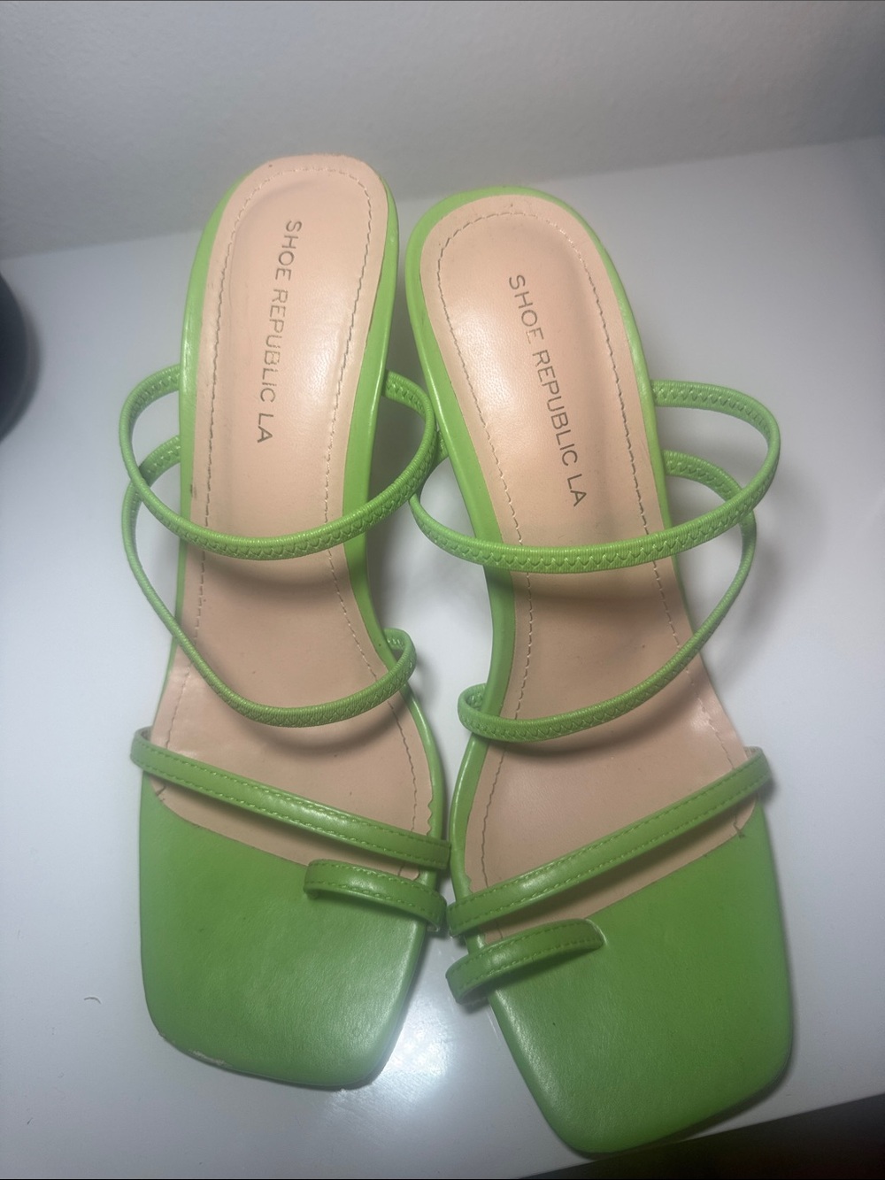 Shoe Republic LA Lime Green Multi-Strap Square Toe Heels
